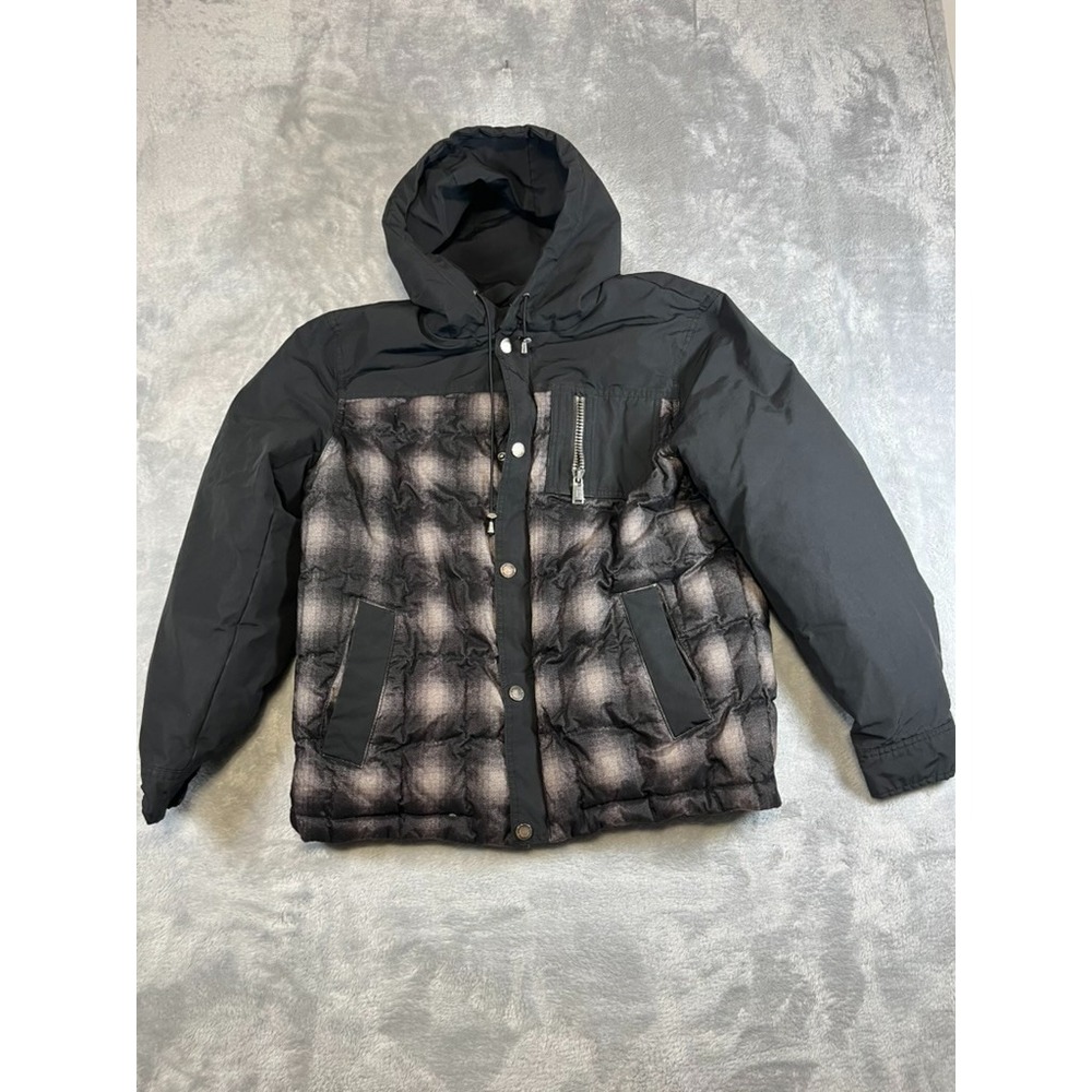 Mens Pendleton Down Hooded Jacket Insulated Puffer Plaid Black White Medium